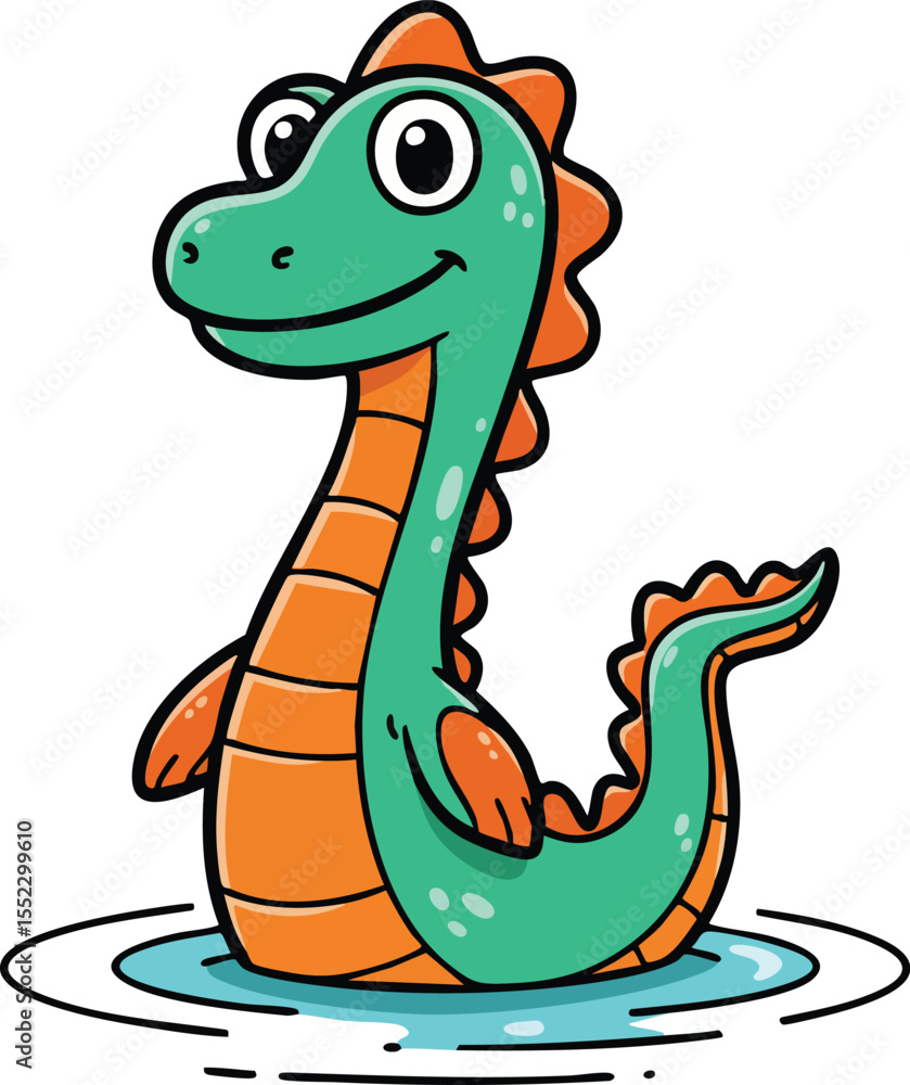 Fototapeta premium Cute cartoon green and orange sea monster emerging from water playful illustration vector 