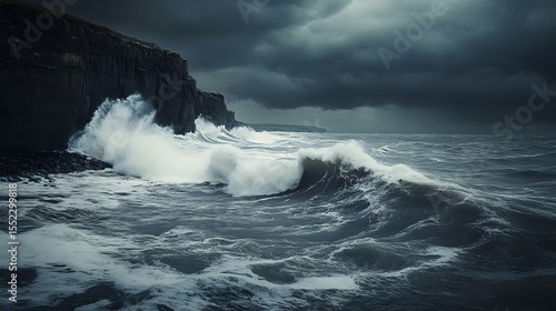 Raging Seas and Dramatic Skies: A powerful image capturing the untamed force of the ocean as waves crash against rugged cliffs under a brooding sky, creating a dramatic and evocative coastal scene. 