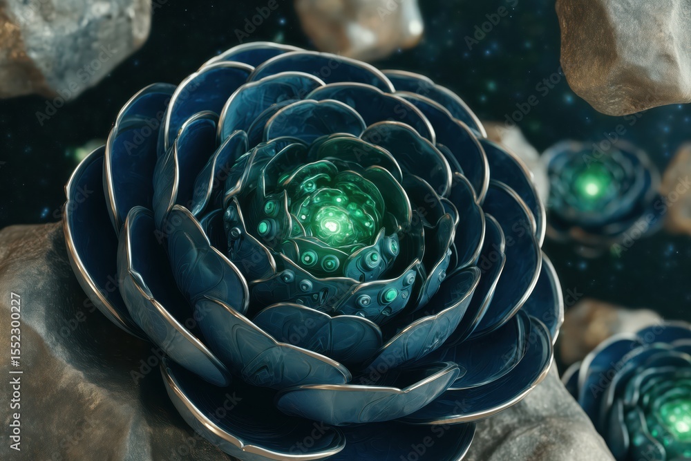 Obraz premium Mechanical flower with silver petals and glowing green circuits