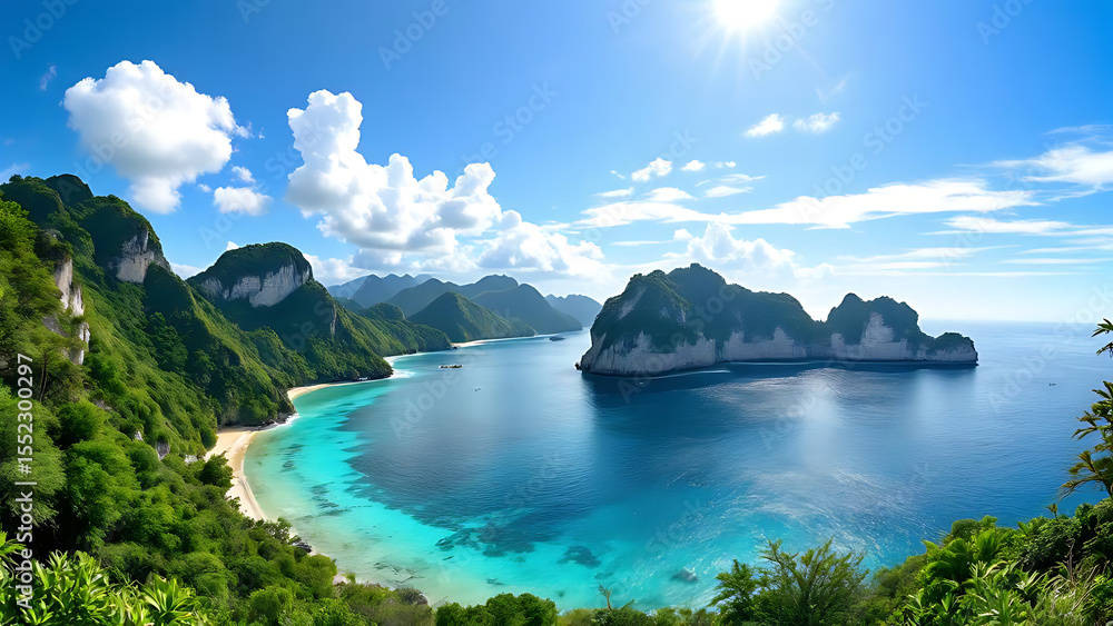 Obraz premium Aerial View of Tropical Bay with Mountains and Islands