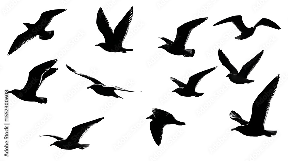 Soaring Seagulls Silhouette: Silhouette captures seagulls gliding against the sky. These graceful birds move dynamically, expressing freedom. Soaring Seagulls Silhouette: Silhouette captures seagulls gliding against the sky. These graceful birds move dynamically, expressing freedom.