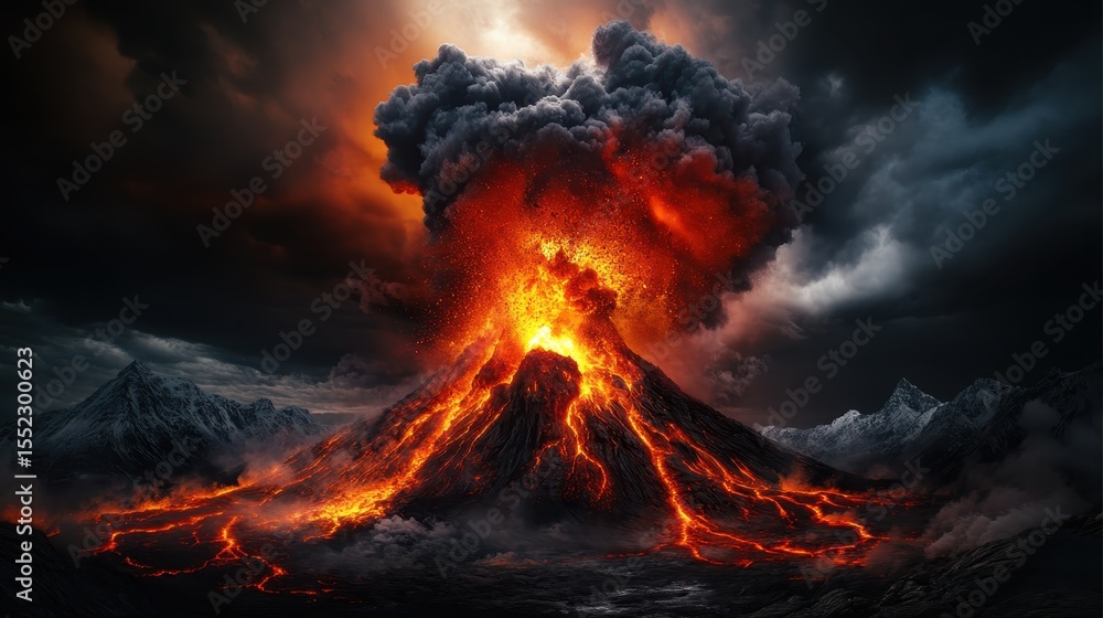 Fototapeta premium A dramatic volcano erupts violently, spewing lava and smoke into the sky, creating a breathtaking portrayal of nature's power and raw energy.