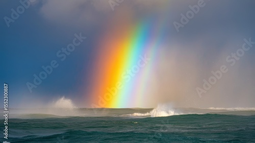 Vibrant rainbow over ocean waves against dark sky