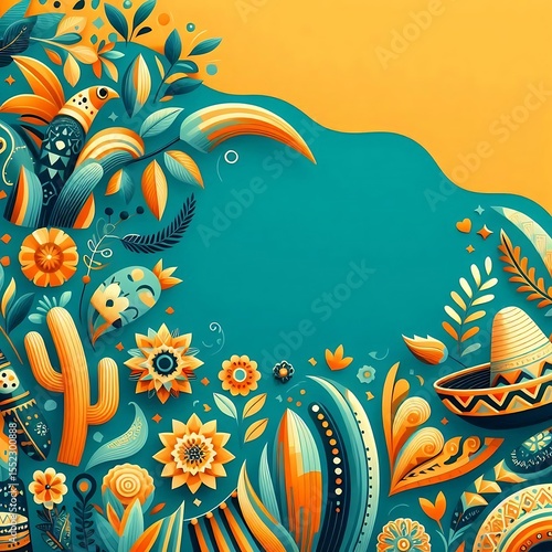 Vibrant mexican fiesta border with cactus flowers sombrero and tropical birds