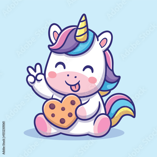 Cute unicorn with cookie cartoon vector icon illustration animal food icon isolated flat vector