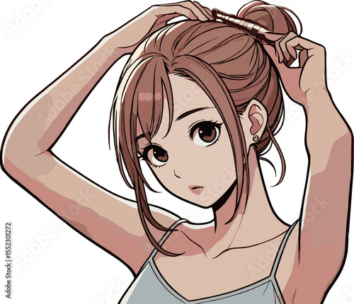 髪を整えてる女性のイラスト