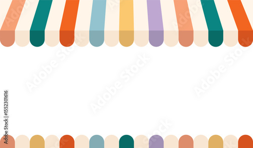Frame for Ice Cream Day, horizontal banner in retro groovy style with stripes rainbow white background. Hand drawn striped kiosk awning. Amusement park, circus. Isolated on transparent. Vector EPS10