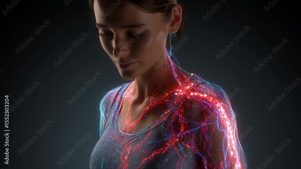 Detailed medical visualization revealing intricate nervous system and dynamic blood circulation patterns flowing through female upper body anatomy against dark background