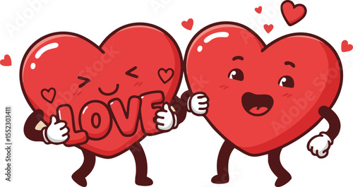 Two red cartoon hearts holding love sign with animated faces and cute expressions vector illustration 