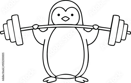 Penguin lifting barbell weight training fitness exercise cartoon vector illustration 