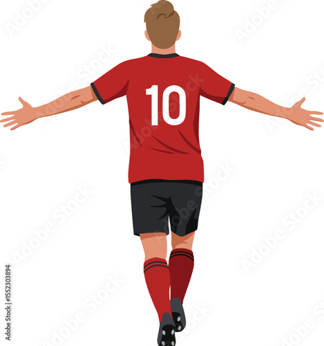 Soccer player celebrating with open arms in red jersey and black shorts vector illustration 