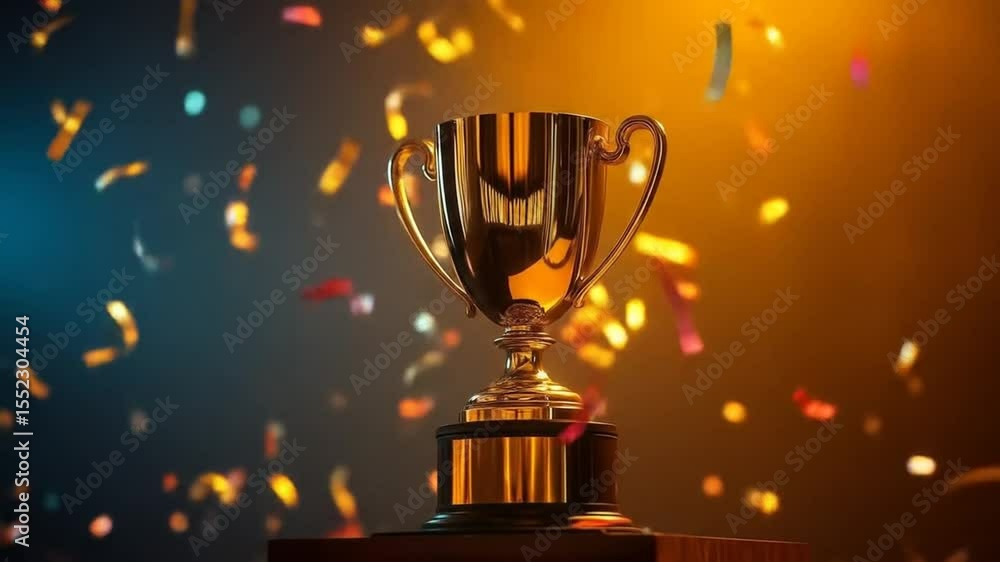 Gold winner trophy with falling confetti ribbons. First place trophy prize, champion award, best success achievement in sports competition. 4k video