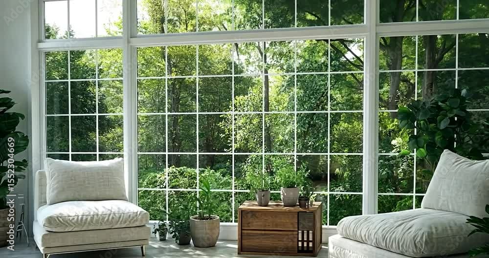 Bright interior with large windows overlooking lush greenery white chairs potted plants and wooden chest creating a serene atmosphere Bright interior with large windows overlooking lush greenery white chairs potted plants and wooden chest creating a serene atmosphere