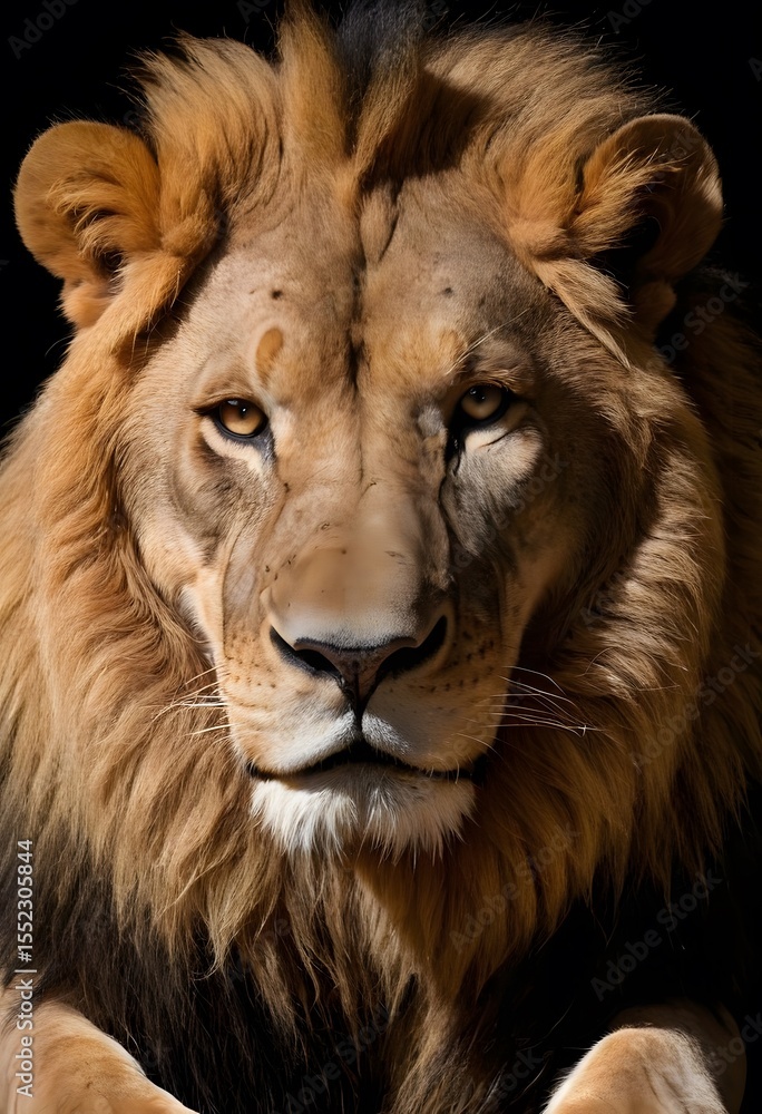 Fototapeta premium Majestic Male Lion Close-Up Portrait for wildlife publications, educational materials, posters, or conservation campaigns.