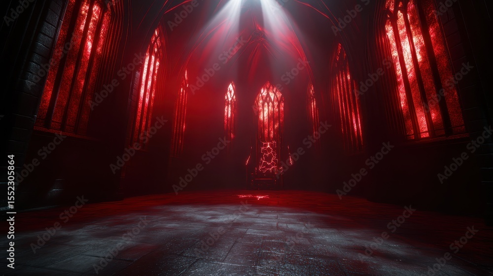 Obraz premium An eerie and haunting scene of an abandoned cathedral illuminated by red light, evoking feelings of mystery, fear, and a sense of the supernatural.