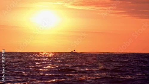 Silhouette of people riding jet skis at sunset far from the shore.