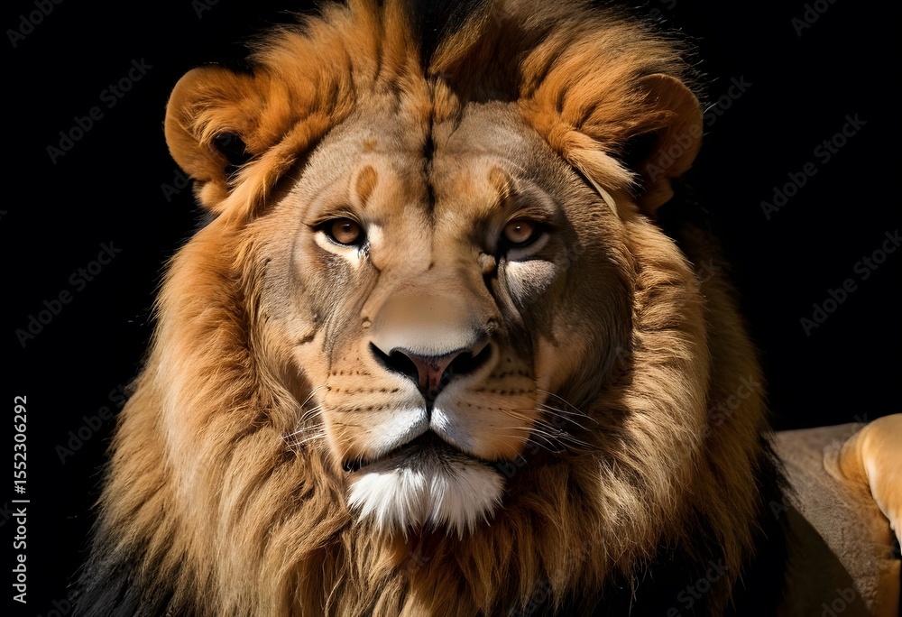 Fototapeta premium Majestic Male Lion Close-Up Portrait for wildlife publications, educational materials, posters, or conservation campaigns.