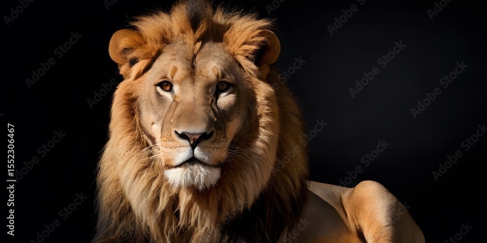 Fototapeta premium Majestic Male Lion Close-Up Portrait for wildlife publications, educational materials, posters, or conservation campaigns.