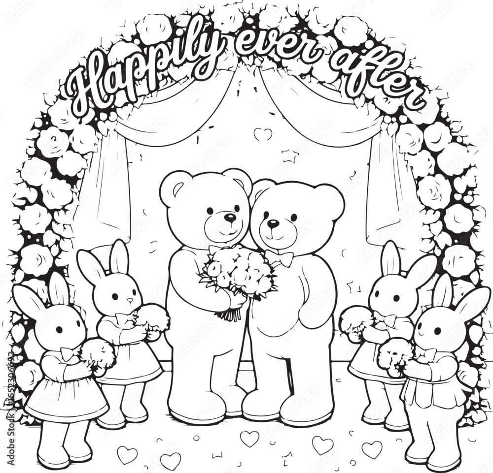 Fototapeta premium Two teddy bears at a wedding ceremony with bunny bridesmaids holding bouquets vector