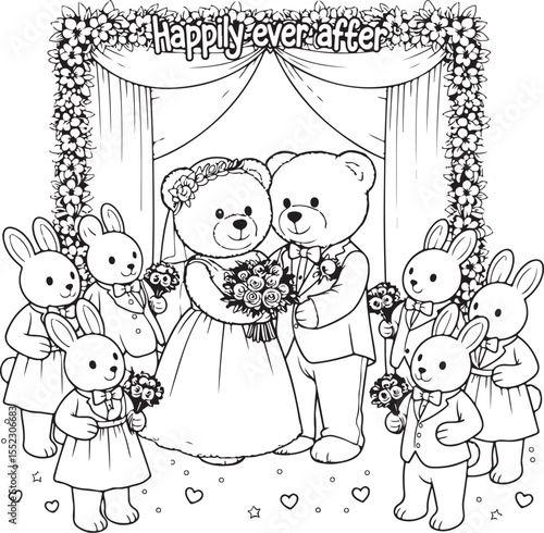 Teddy bear bride and groom wedding ceremony with bunny attendants holding bouquets