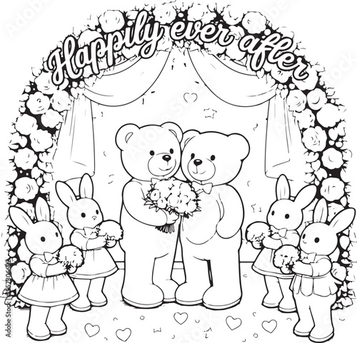 Two teddy bears at a wedding ceremony with bunny bridesmaids holding bouquets vector