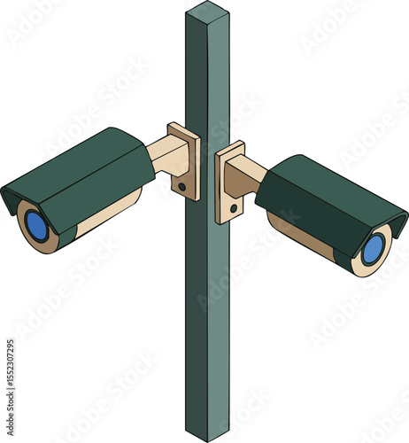 Dual security surveillance cameras mounted on pole vector illustration for monitoring and safety purposes 