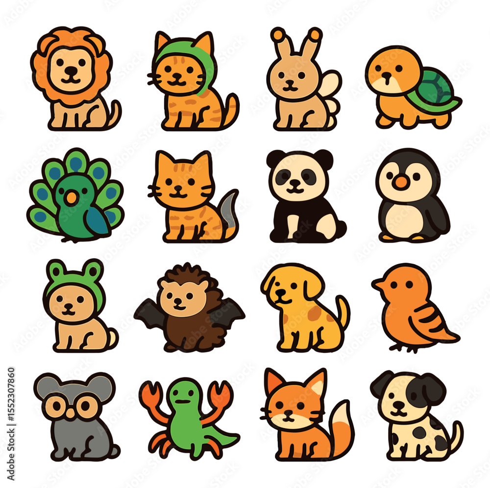 Obraz premium Animal-as-other-animals icons in modern flat vector in minimalistic vibrant color design: dog in lion mane, cat in dinosaur hoodie, bunny in bee wings, hamster as turtle with shell, parrot in