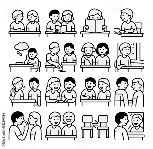 Crush moments in class icons in minimalistic line art : stolen glance icon, shared textbook, blushing face behind folder, passed paper with smile, daydream cloud, foot tap under desk, shared
