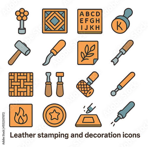 Leather stamping and decoration icons in modern flat vector in minimalistic vibrant color design: floral stamp tool, geometric pattern plate, alphabet stamping set, custom logo die, stamping