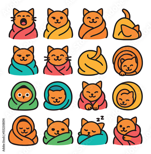Cozy blanket moods icons in modern flat vector in minimalistic vibrant color design: cat yawning in blanket, cat sleeping with one eye open, cat smiling under covers, cat stretching inside wrap