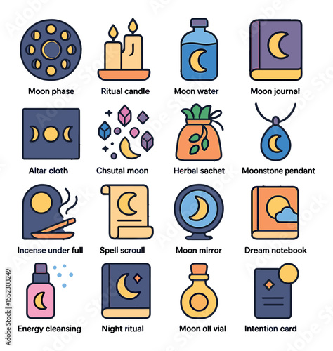 Moon rituals and tools icons in modern flat vector in minimalistic vibrant color design: moon phase wheel, ritual candle set, moon water bottle, moon journal, altar cloth with moon cycle,