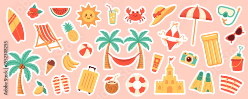 Colorful summer set of flat vector cartoon stickers featuring beach icons, fruits, sun, swimsuit, palm trees, drinks, and vacation symbols on pink isolated background. Elements for scrapbooking.