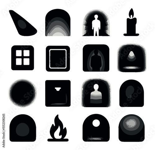 Mood and tone lighting icons in silhouette solid black-filled shapes with clean, simple : warm golden hue beam, cold blue wash, dramatic silhouette light, candlelight flicker source, soft