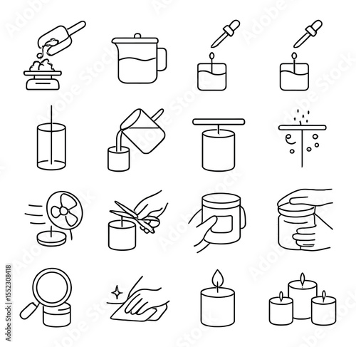 Candle making process steps icons in minimalistic line art : measuring wax flakes, melting wax pot, adding scent drops, adding dye color, inserting wick in mold, pouring wax into vessel,
