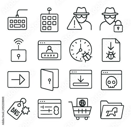Hacker methods and tools icons in minimalistic line art : keylogger device, brute force attack panel, phishing link alert, man-in-the-middle icon, remote exploit trigger, spoofed login screen,
