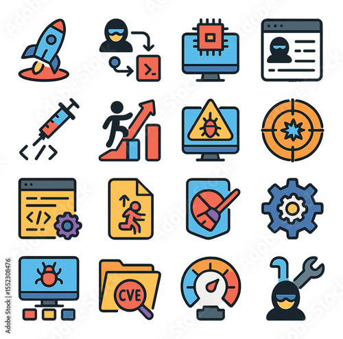 Exploitation and payload tools icons in modern flat vector in minimalistic vibrant color design: exploit payload launcher, reverse shell tunnel, buffer overflow monitor, remote access trojan