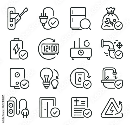 Post-outage reset checklist icons in minimalistic line art : circuit breaker reset tool, appliance power check, refrigerator inspection icon, spoiled food bag, battery recharge station, digital