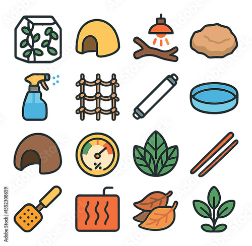 Desert and rainforest setups icons in modern flat vector in minimalistic vibrant color design: glass terrarium with vines, humid hideout, heat lamp above branch, basking rock, mist sprayer,