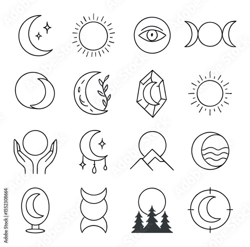 Mystical moon symbols icons in minimalistic line art : crescent with stars, full moon with aura, moon with eye symbol, triple moon goddess, lunar eclipse circle, crescent with vines, moon in