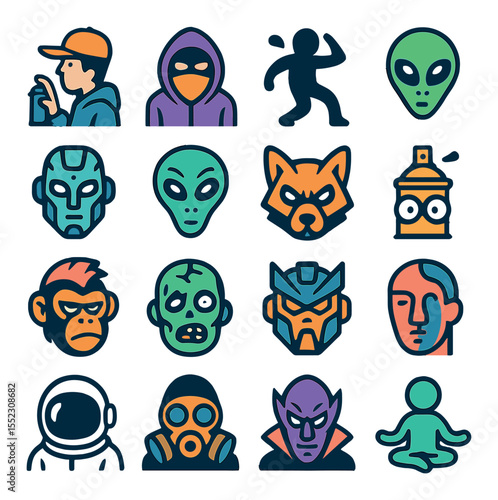 Graffiti character s icons in modern flat vector in minimalistic vibrant color design: street artist figure, hoodie with mask, urban dancer silhouette, cartoon alien, robotic face, graffiti-