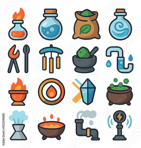 Elemental alchemy instruments icons in modern flat vector in minimalistic vibrant color design: flame vial, water essence jar, earth powder sack, air swirl bottle, fire tongs, wind chimes,