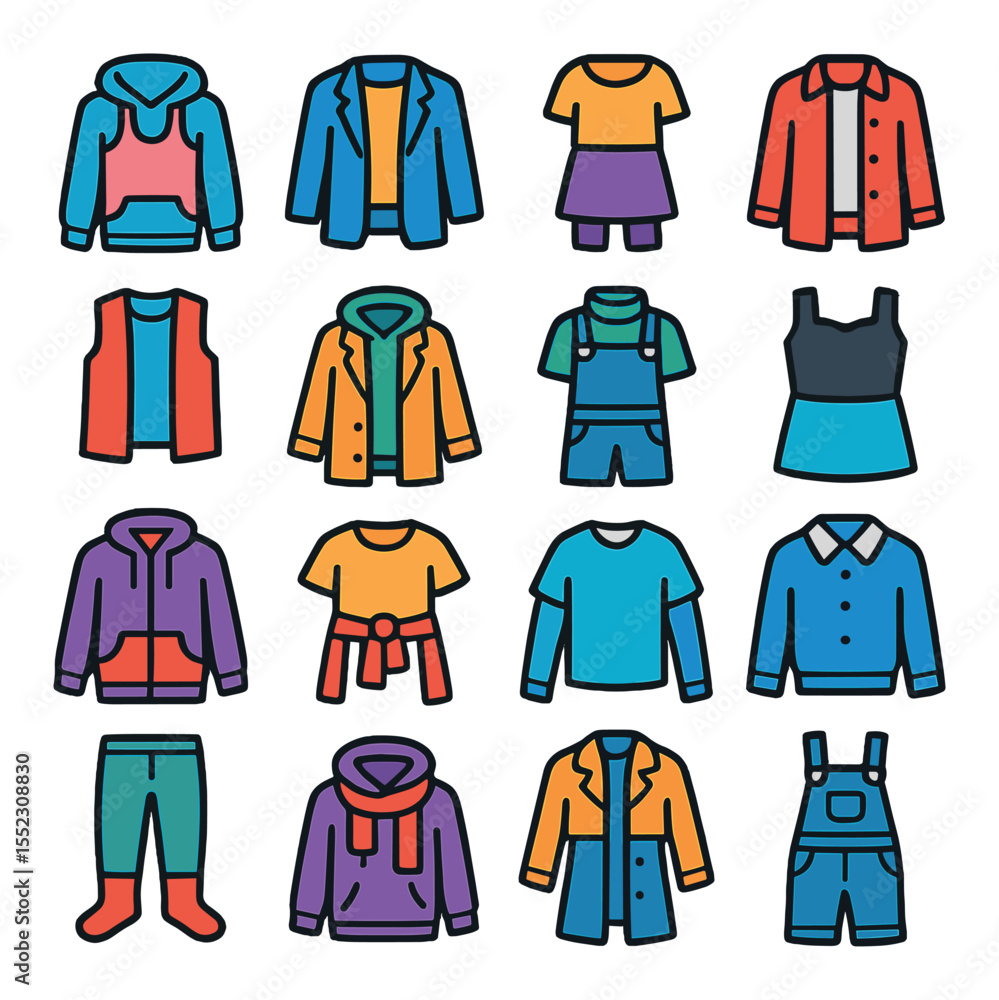 Layered look styling icons in modern flat vector in minimalistic vibrant color design: tank under hoodie, tee under blazer, skirt over leggings, long shirt under jacket, vest over tee, hoodie Layered look styling icons in modern flat vector in minimalistic vibrant color design: tank under hoodie, tee under blazer, skirt over leggings, long shirt under jacket, vest over tee, hoodie