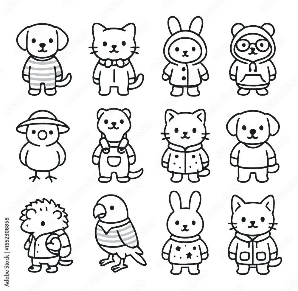 Obraz premium Cute daily outfits icons in minimalistic line art : dog in striped pajamas, cat with bowtie and collar, bunny in raincoat and boots, hamster in hoodie and glasses, bird in sun hat, ferret in