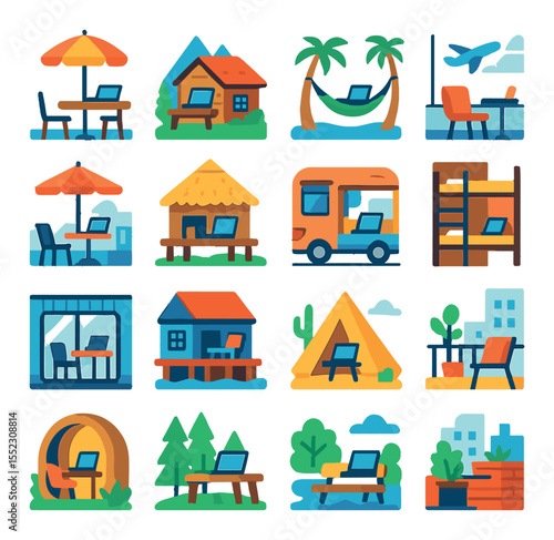 Remote work environments icons in modern flat vector in minimalistic vibrant color design: beachside coworking table, mountain cabin with desk, hammock with laptop, airport lounge workspace,