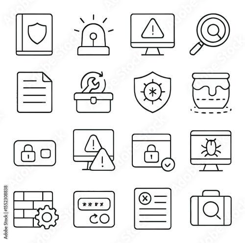 Defensive security response icons in minimalistic line art : incident response binder, intrusion detection siren, SIEM dashboard alert, endpoint monitoring scope, log review file, patch update