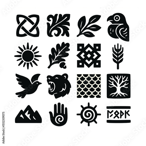 Traditional wood carving motifs icons in silhouette solid black-filled shapes with clean, simple : Celtic knot design, floral swirl panel, leaf border carving, animal totem detail, tribal sun
