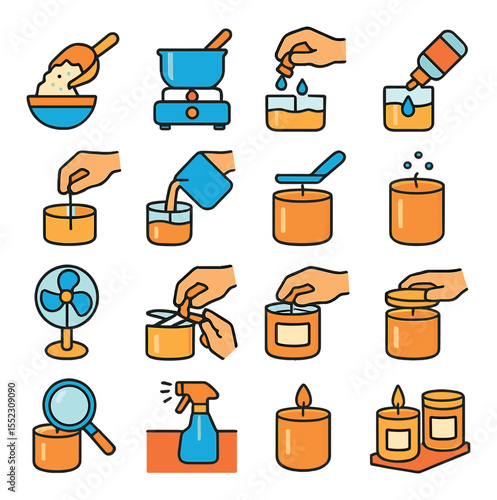 Candle making process steps icons in modern flat vector in minimalistic vibrant color design: measuring wax flakes, melting wax pot, adding scent drops, adding dye color, inserting wick in mold
