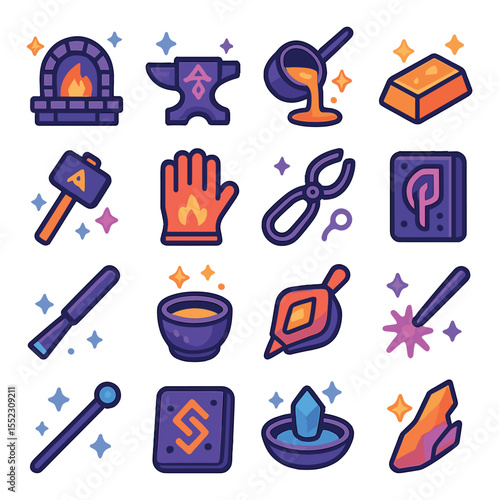 Mystical forging tools icons in modern flat vector in minimalistic vibrant color design: enchanted forge, rune-etched anvil, molten metal ladle, glowing ingot, alchemical hammer, flameproof