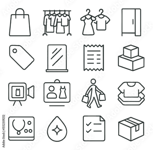 Shopping day finds icons in minimalistic line art : paper shopping bag, full clothing rack, hangers with outfits, fitting room door, price tag icon, try-on mirror, clothing receipt, stacked