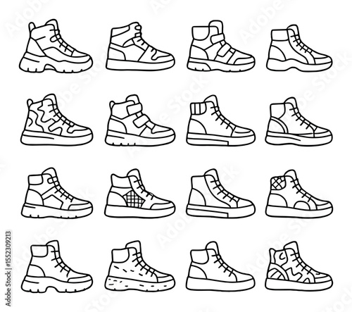 High-top sneaker s icons in minimalistic line art : chunky high-tops, retro basketball shoes, futuristic high-tops, platform high-tops, graffiti-print uppers, velcro strap designs, padded collar